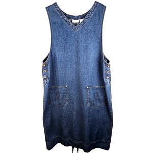 Expressions Plus Womens Jumper Denim Maxi Dress 1X Pockets Prairie